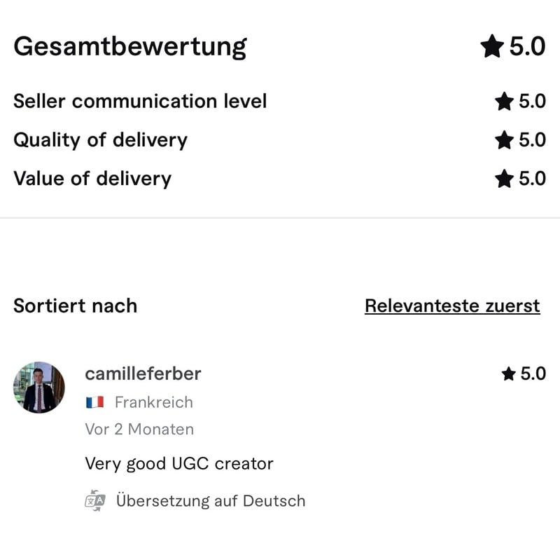 Originalbewertung von camilleferber: Gesamtbewertung, Kommunikation, Qualität und Preis-Leistung jeweils 5,0. Very good UGC creator.