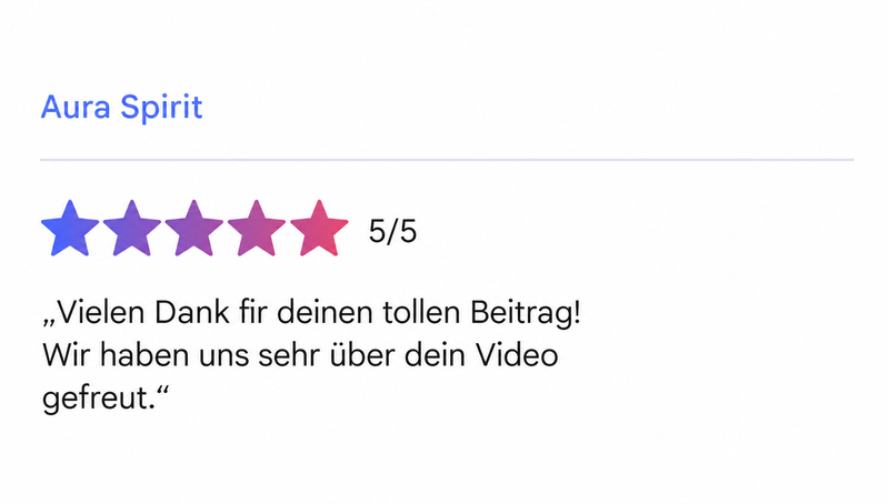 Originalbewertung von Aura Spirit: 5 von 5. Vielen Dank für deinen tollen Beitrag! Wir haben uns sehr über dein Video gefreut.